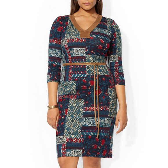 Lauren Ralph Lauren Dresses & Skirts - Patchwork Cotton Knit Faux Suede Trim Dress 1X